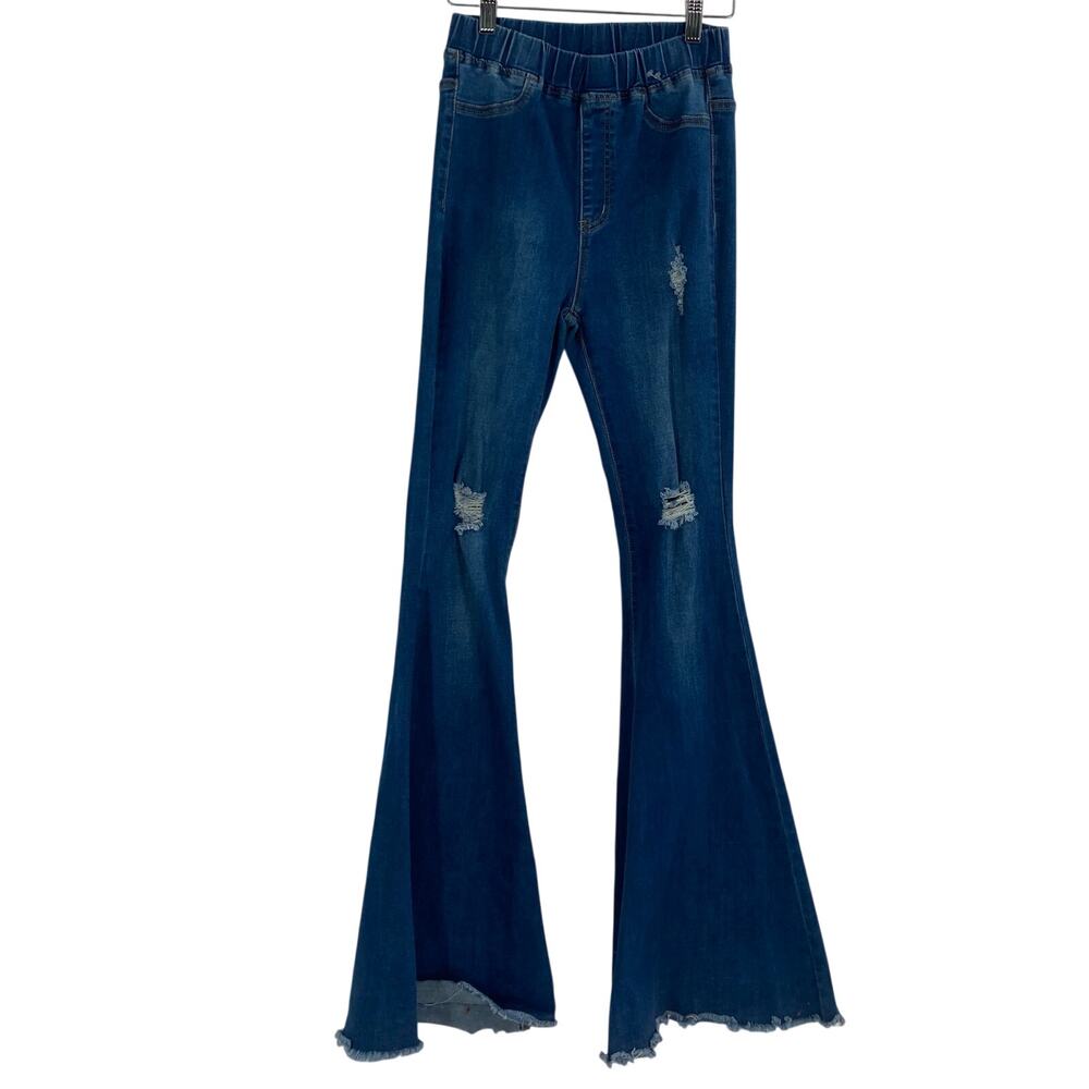 Aaron & Amber Elastic Waist Bell Bottom Dark Wash Distressed Jeans Western 24 - Picture 2 of 14